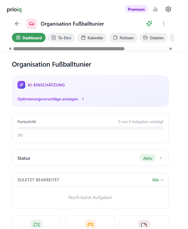 prioiq Projekt-Dashboard mit KI-Einschätzung, Fortschritt und Status