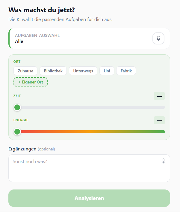 prioiq Heute-Bereich: Was machst du jetzt, mit Ort-, Zeit- und Energie-Filter